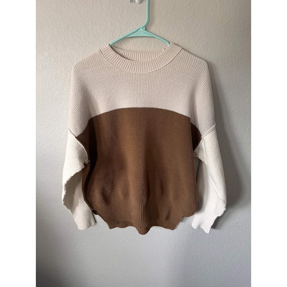 Abercrombie Fitch Colorblock Sweater XXS Brown Cream Knit Oversized Crewneck